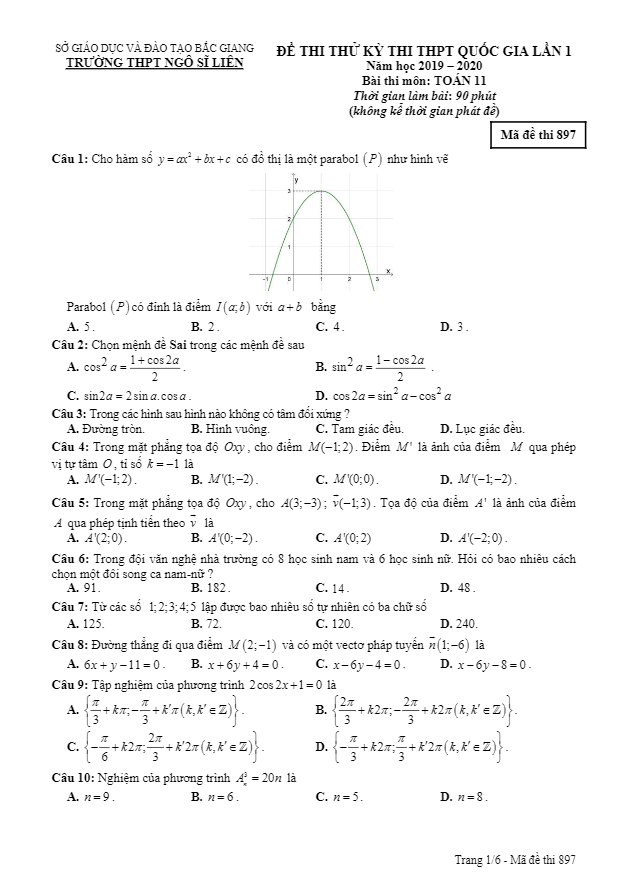 Đề thi thử THPTQG 2019 2020 lớp 11 môn Toán lần 1 trường Ngô Sĩ Liên Bắc Giang