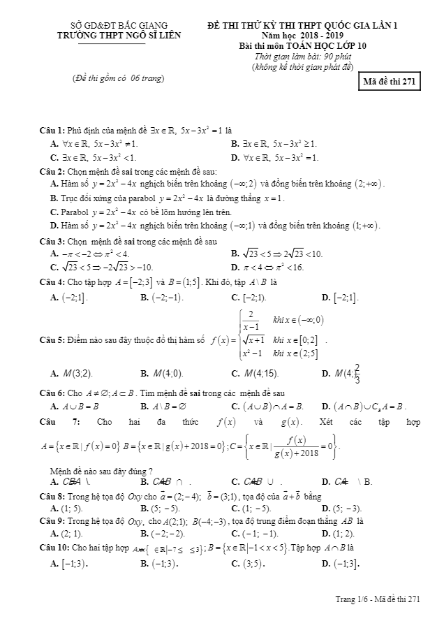 Đề thi thử THPTQG lớp 10 môn Toán năm 2018 2019 lần 1 trường Ngô Sĩ Liên Bắc Giang