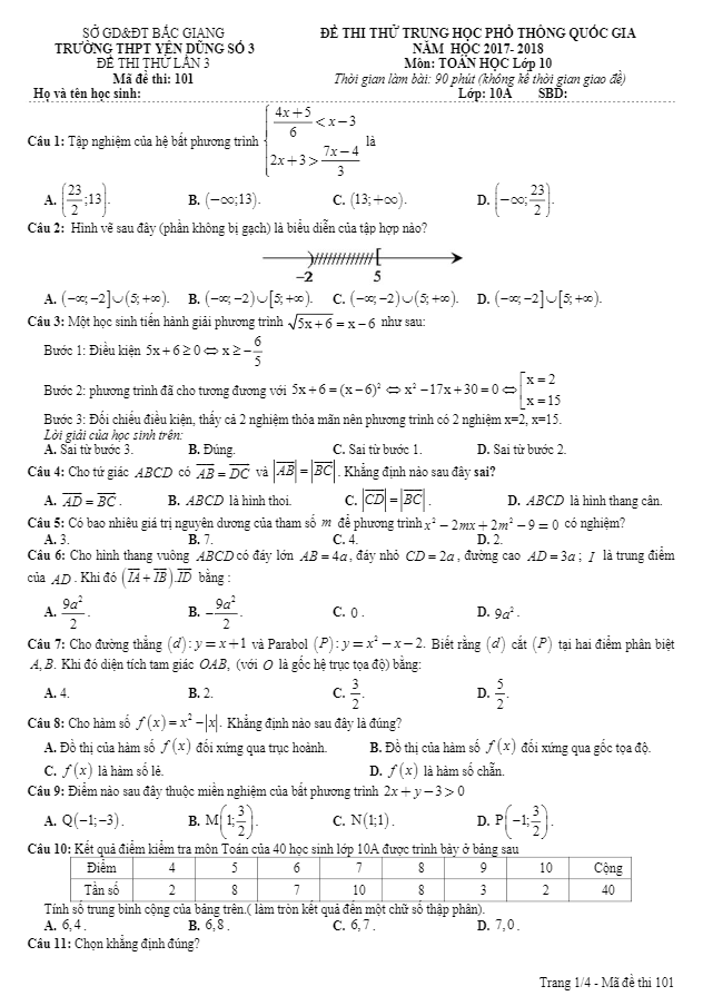 Đề thi thử THPTQG năm 2017 2018 lớp 10 môn Toán trường Yên Dũng 3 Bắc Giang lần 3