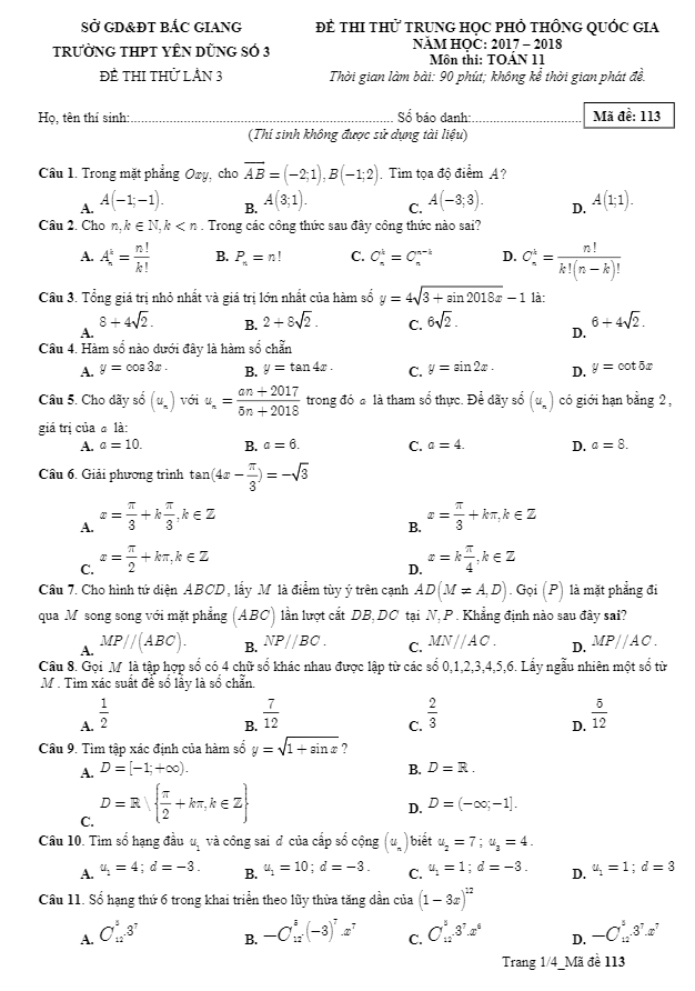 Đề thi thử THPTQG năm 2017 2018 lớp 11 môn Toán trường Yên Dũng 3 Bắc Giang lần 3