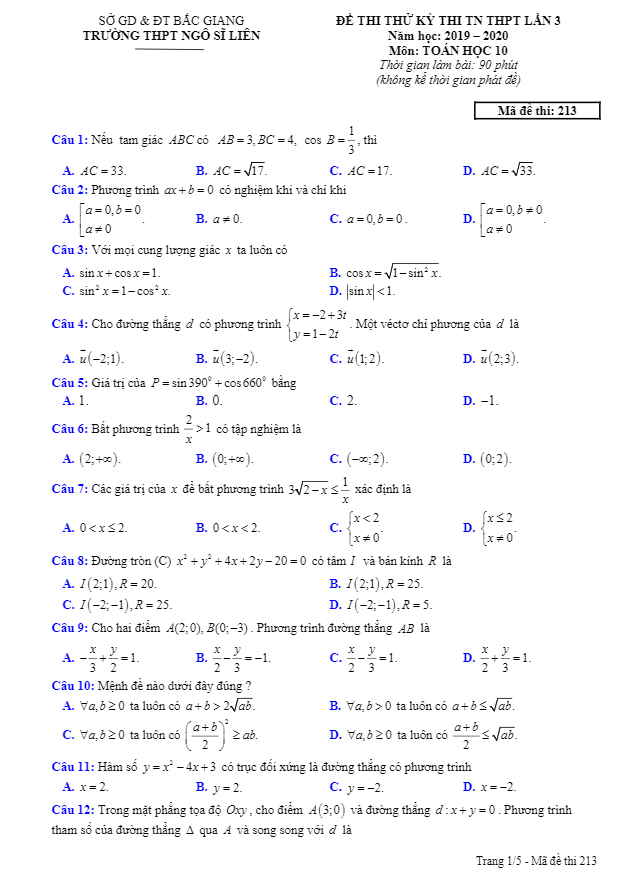 Đề thi thử TN THPT 2020 lần 3 lớp 10 môn Toán trường THPT Ngô Sĩ Liên Bắc Giang