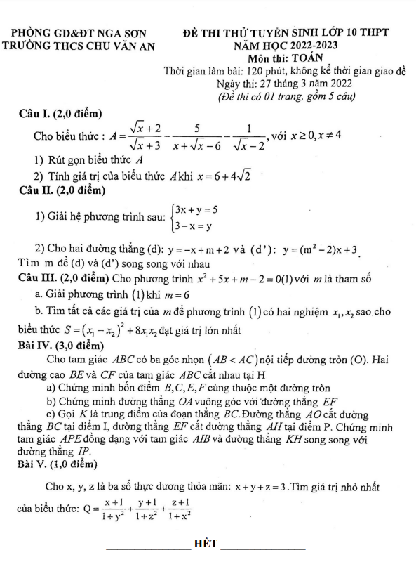 Đề thi thử Toán tuyển sinh 10 năm 2022 – 2023 trường THCS Chu Văn An – Thanh Hoá