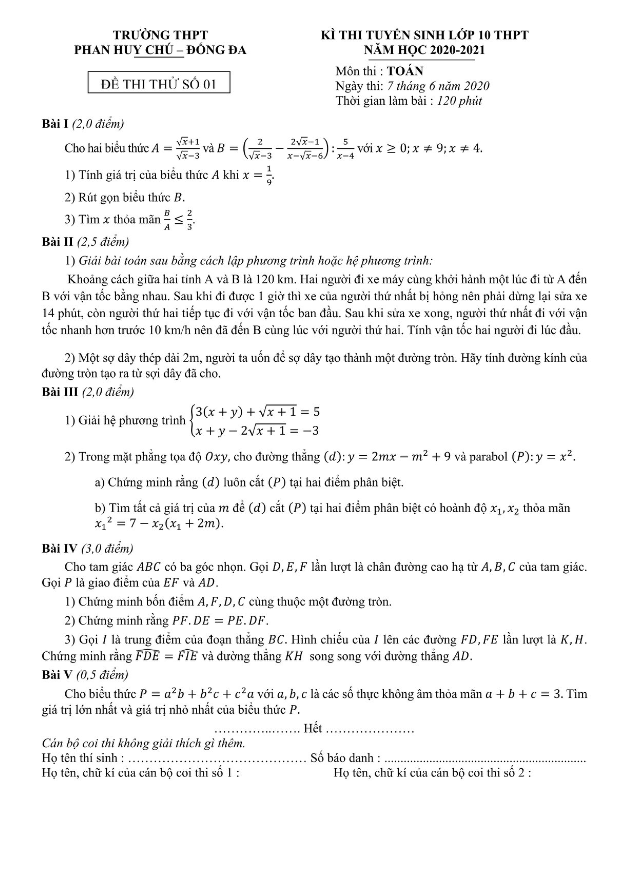 Đề thi thử Toán tuyển sinh năm 2020 2021 trường Phan Huy Chú Hà Nội