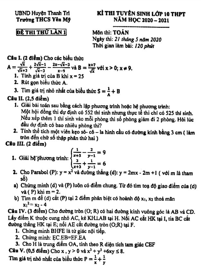 Đề thi thử Toán tuyển sinh năm 2020 2021 trường THCS Yên Mỹ Hà Nội