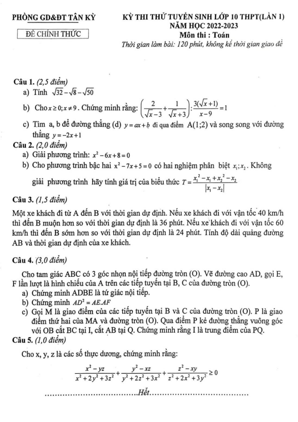 Đề thi thử Toán vào 10 lần 1 năm 2022 2023 phòng GD ĐT Tân Kỳ Nghệ An