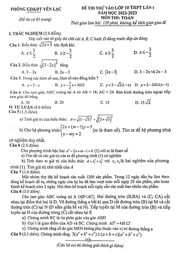 Đề thi thử Toán vào 10 lần 1 năm 2022 2023 phòng GD ĐT Yên Lạc Vĩnh Phúc