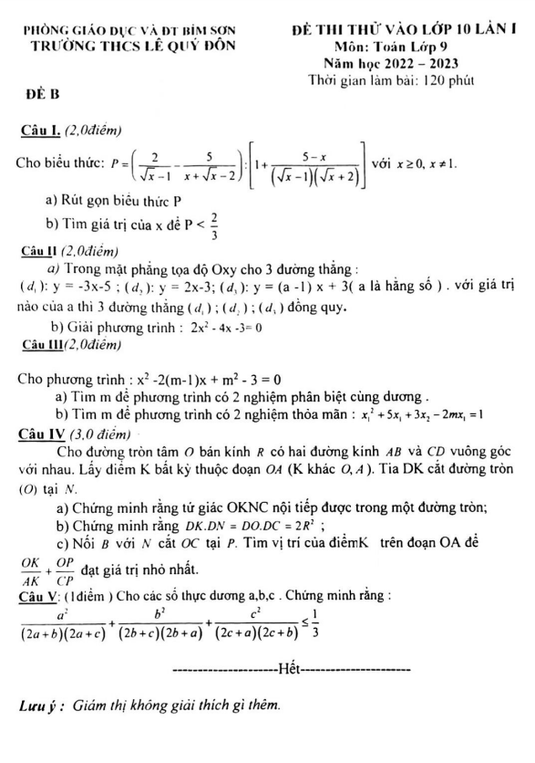 Đề thi thử Toán vào 10 lần 1 năm 2022 2023 trường Lê Quý Đôn Thanh Hóa