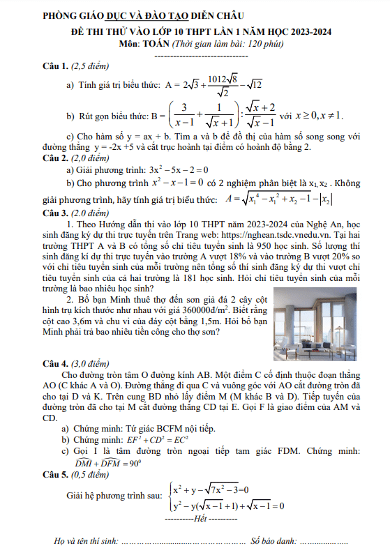 Đề thi thử Toán vào 10 lần 1 năm 2023 2024 phòng GD ĐT Diễn Châu Nghệ An