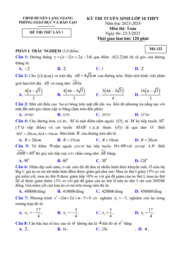 Đề thi thử Toán vào 10 lần 1 năm 2023 2024 phòng GD ĐT Lạng Giang Bắc Giang