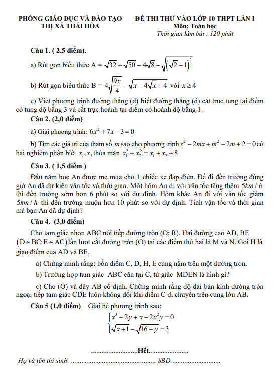 Đề thi thử Toán vào 10 lần 1 năm 2023 2024 phòng GD ĐT Thái Hòa Nghệ An