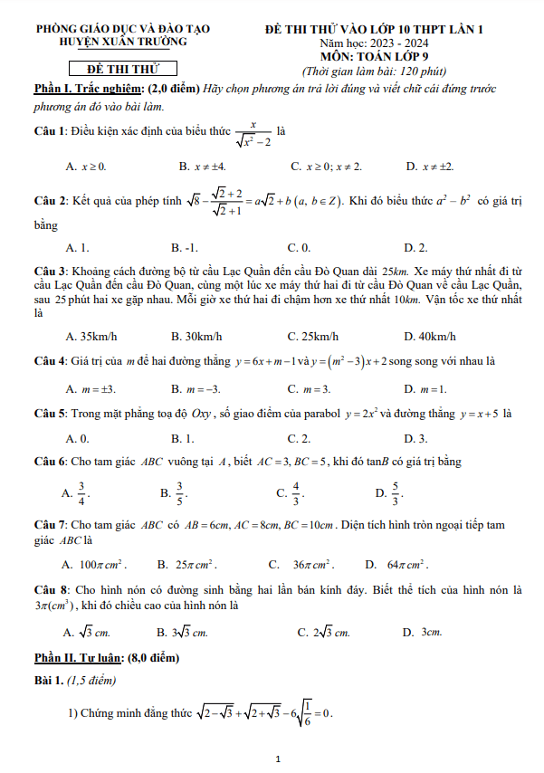 Đề thi thử Toán vào 10 lần 1 năm 2023 2024 phòng GD ĐT Xuân Trường Nam Định