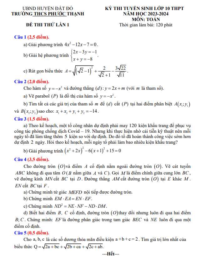 Đề thi thử Toán vào 10 lần 1 năm 2023 2024 trường THCS Phước Thạnh BR VT