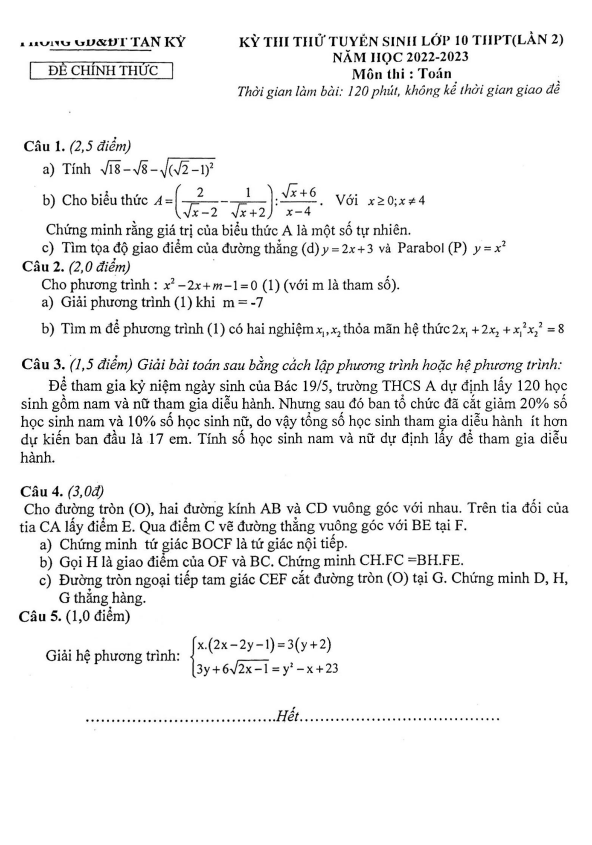 Đề thi thử Toán vào 10 lần 2 năm 2022 2023 phòng GD ĐT Tân Kỳ Nghệ An