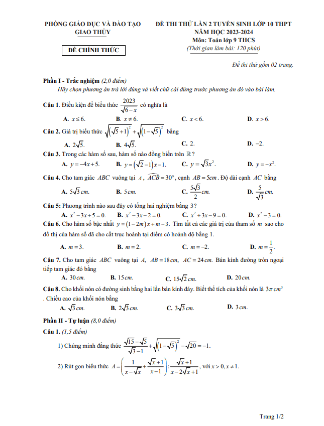 Đề thi thử Toán vào 10 lần 2 năm 2023 2024 phòng GD ĐT Giao Thuỷ Nam Định