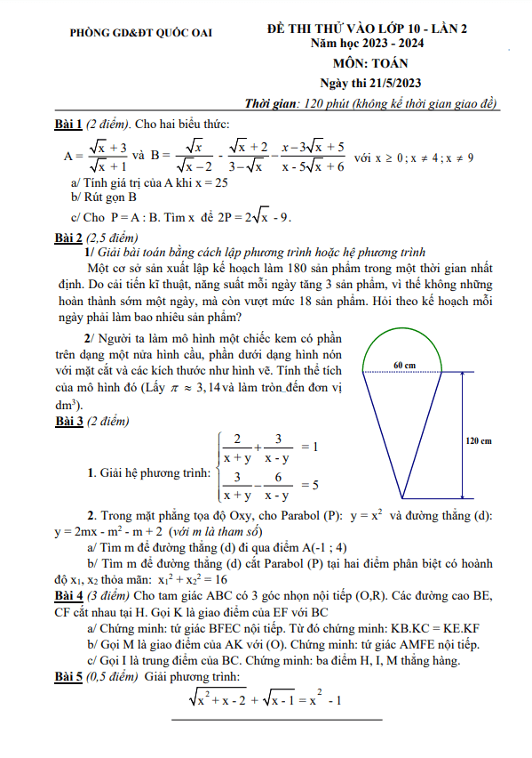 Đề thi thử Toán vào 10 lần 2 năm 2023 2024 phòng GD ĐT Quốc Oai Hà Nội