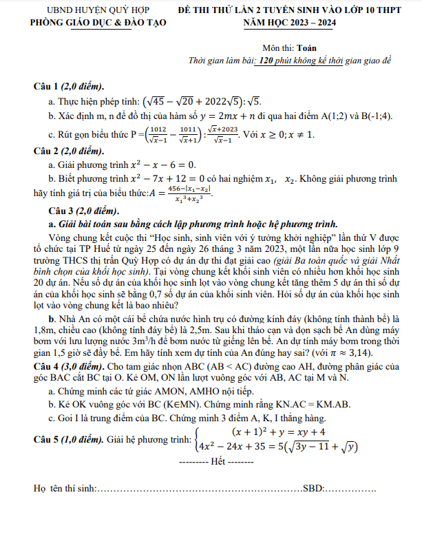 Đề thi thử Toán vào 10 lần 2 năm 2023 2024 phòng GD ĐT Quỳ Hợp Nghệ An