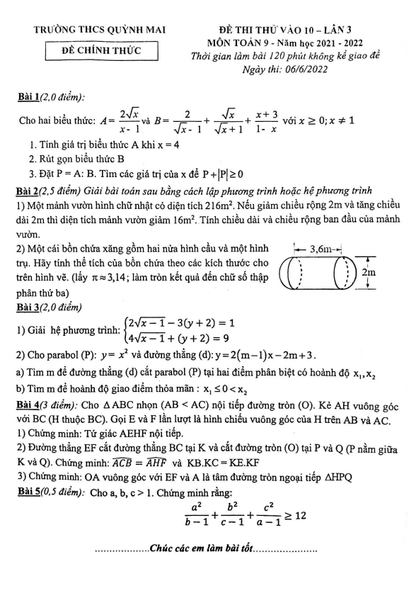 Đề thi thử Toán vào 10 lần 3 năm 2022 trường THCS Quỳnh Mai Hà Nội