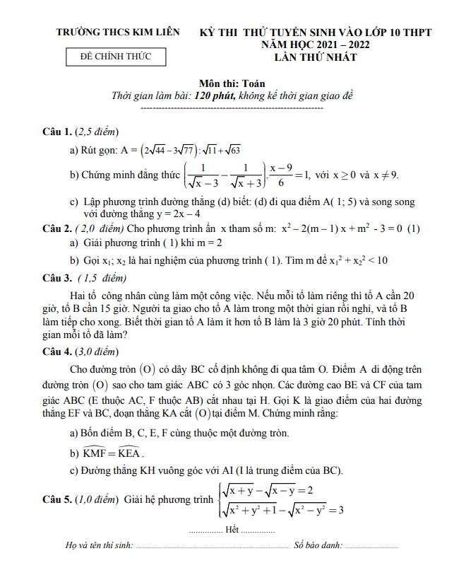 Đề thi thử Toán vào 10 năm 2021 2022 lần 1 trường THCS Kim Liên Nghệ An