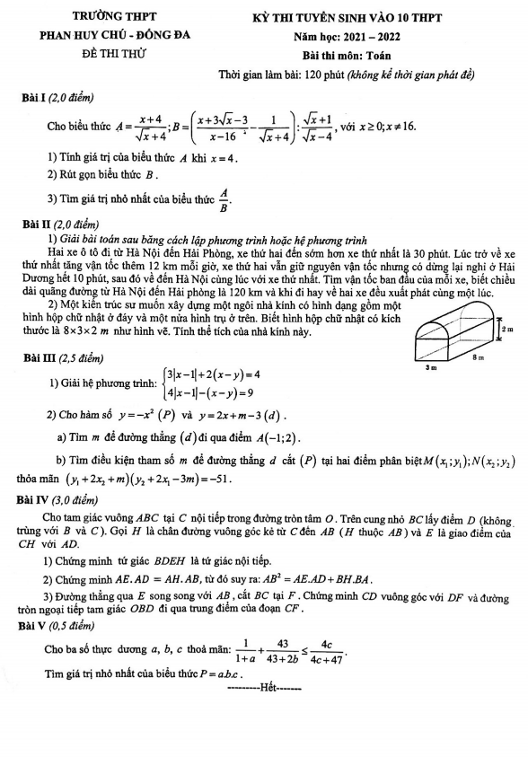 Đề thi thử Toán vào 10 năm 2021 2022 trường THPT Phan Huy Chú Hà Nội