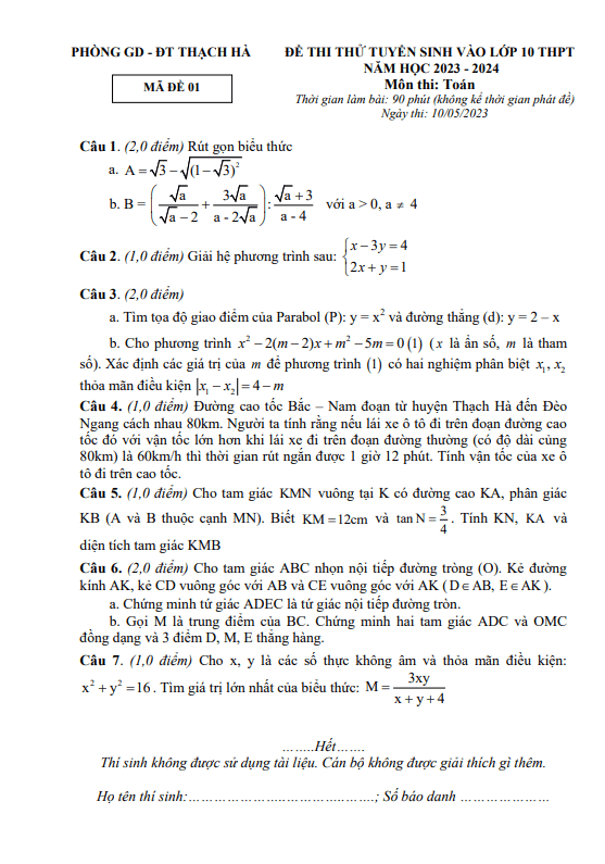 Đề thi thử Toán vào 10 năm 2023 2024 phòng GD ĐT Thạch Hà Hà Tĩnh