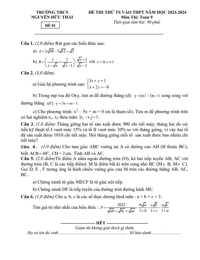 Đề thi thử Toán vào 10 năm 2023 2024 trường THCS Nguyễn Hữu Thái Hà Tĩnh