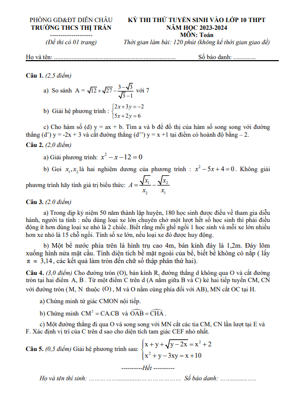 Đề thi thử Toán vào 10 năm 2023 2024 trường Thị trấn Diễn Châu Nghệ An