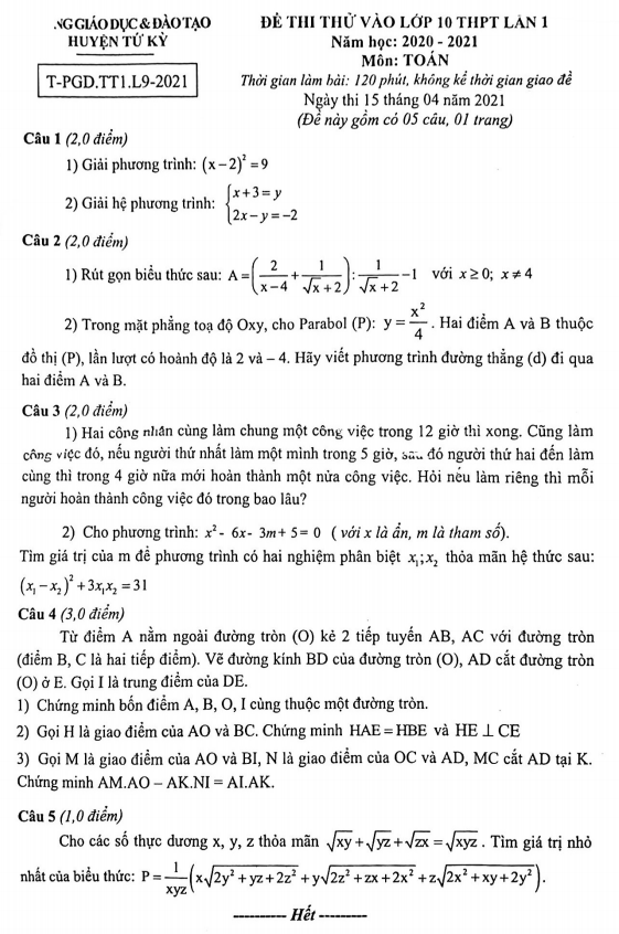 Đề thi thử Toán vào lần 1 năm 2020 2021 phòng GD ĐT Tứ Kỳ Hải Dương