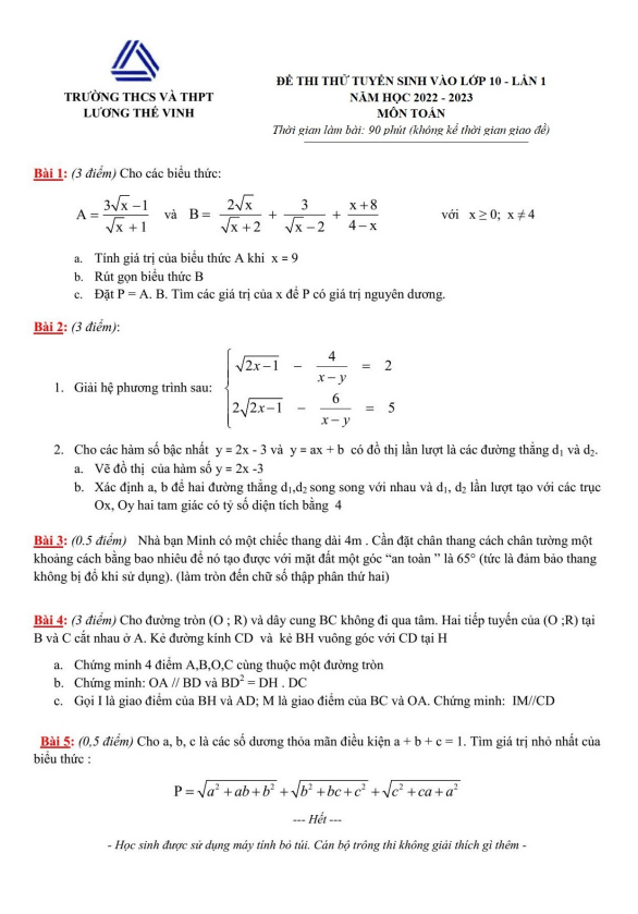 Đề thi thử Toán vào lần 1 năm 2022 2023 trường Lương Thế Vinh Hà Nội