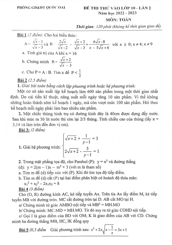 Đề thi thử Toán vào lần 2 năm 2022 2023 phòng GD ĐT Quốc Oai Hà Nội
