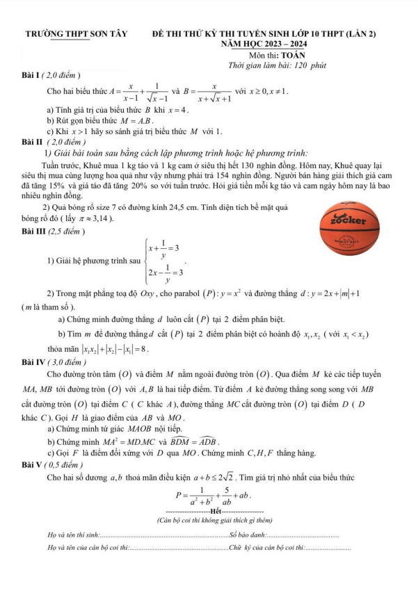 Đề thi thử Toán vào lần 2 năm 2023 2024 trường THPT Sơn Tây Hà Nội