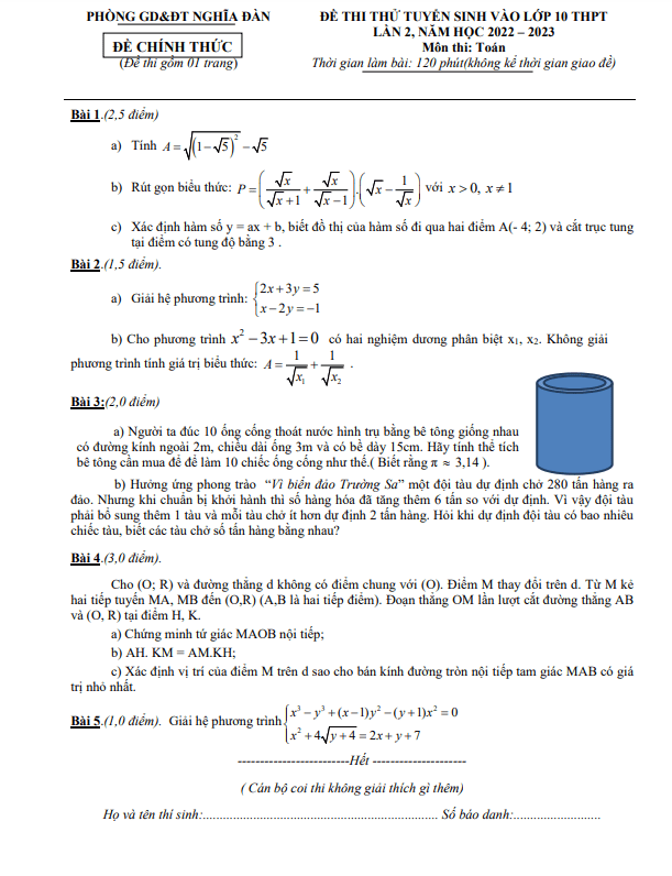 Đề thi thử Toán vào lần 2 năm 2023 phòng GD ĐT Nghĩa Đàn Nghệ An