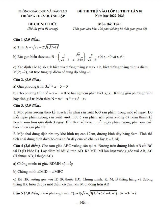 Đề thi thử Toán vào lần 2 năm 2023 trường THCS Quỳnh Lập Nghệ An