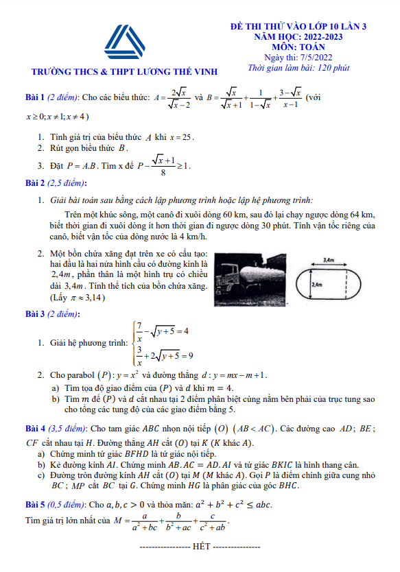 Đề thi thử Toán vào lần 3 năm 2022 2023 trường Lương Thế Vinh Hà Nội