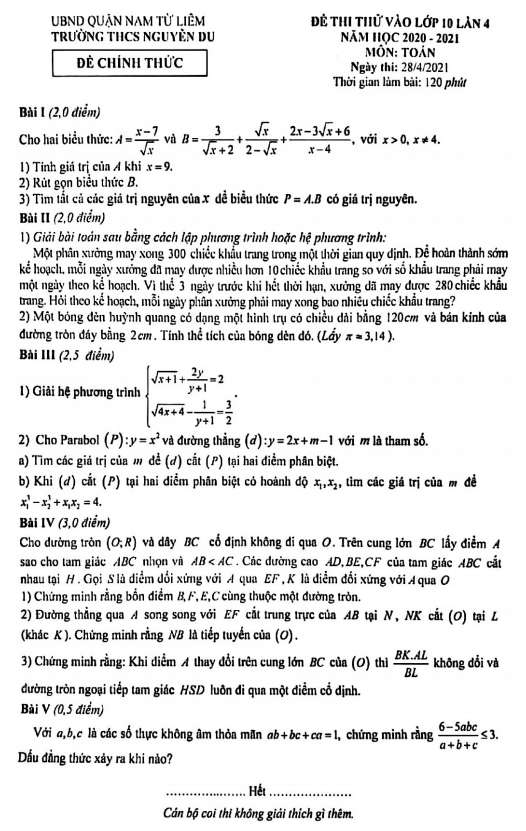 Đề thi thử Toán vào lần 4 năm 2020 2021 trường Nguyễn Du Hà Nội
