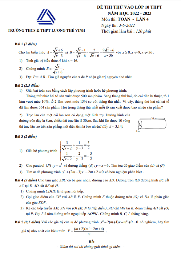 Đề thi thử Toán vào lần 4 năm 2022 2023 trường Lương Thế Vinh Hà Nội