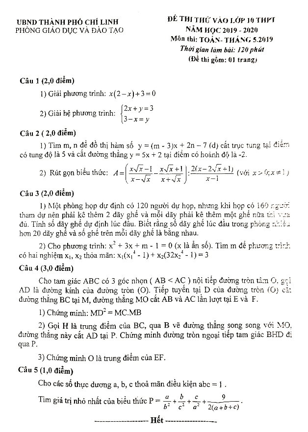 Đề thi thử Toán vào năm 2019 2020 phòng GD ĐT Chí Linh Hải Dương