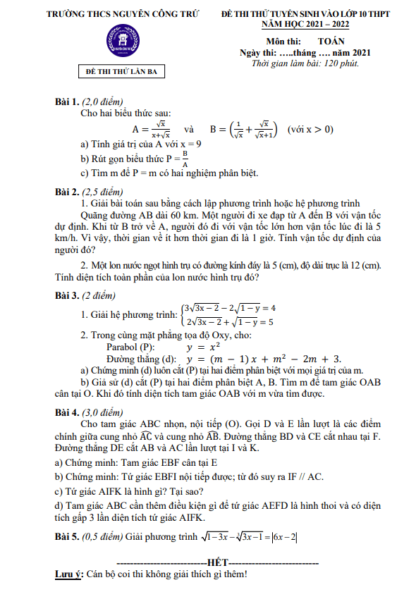 Đề thi thử Toán vào năm 2021 2022 lần 3 trường Nguyễn Công Trứ Hà Nội