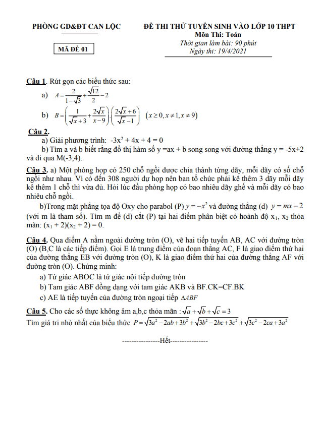 Đề thi thử Toán vào năm 2021 2022 phòng GD ĐT Can Lộc Hà Tĩnh