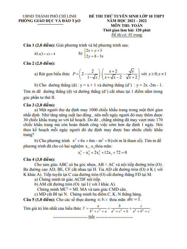 Đề thi thử Toán vào năm 2021 2022 phòng GD ĐT Chí Linh Hải Dương