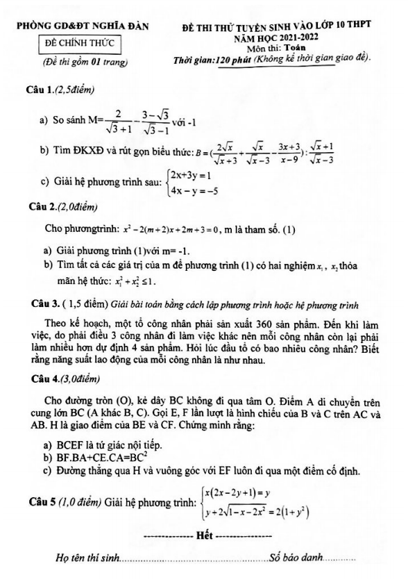 Đề thi thử Toán vào năm 2021 2022 phòng GD ĐT Nghĩa Đàn Nghệ An