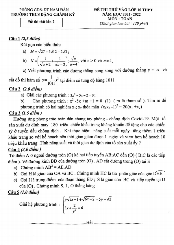 Đề thi thử Toán vào năm 2021 2022 trường THCS Đặng Chánh Kỷ Nghệ An