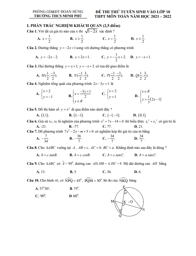 Đề thi thử Toán vào năm 2021 2022 trường THCS Minh Phú Phú Thọ