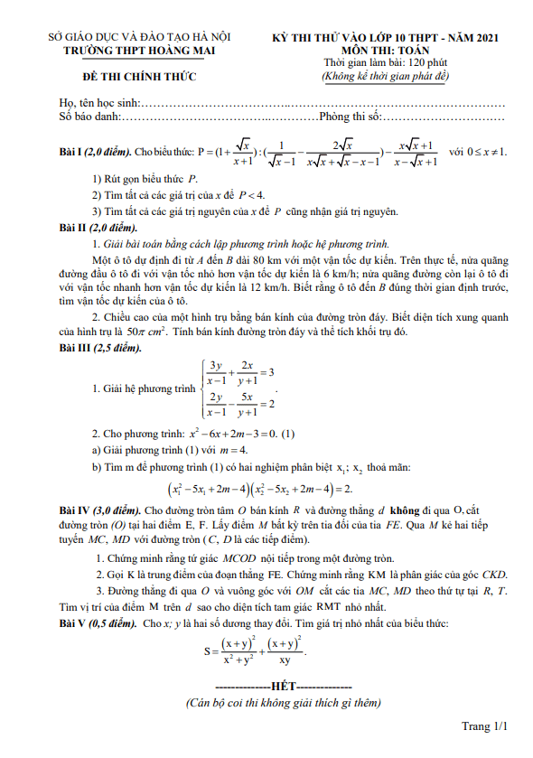 Đề thi thử Toán vào năm 2021 trường THPT Hoàng Mai Hà Nội
