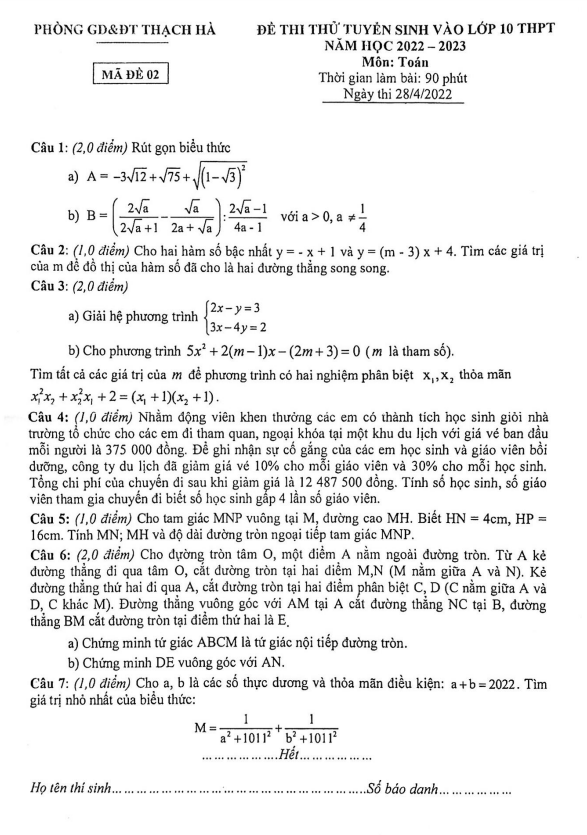 Đề thi thử Toán vào năm 2022 2023 phòng GD ĐT Thạch Hà Hà Tĩnh