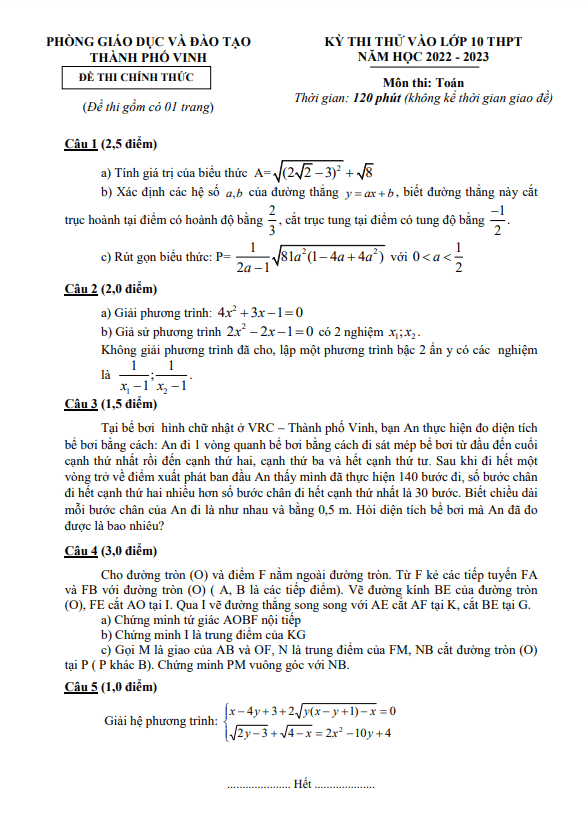 Đề thi thử Toán vào năm 2022 2023 phòng GD ĐT thành phố Vinh Nghệ An