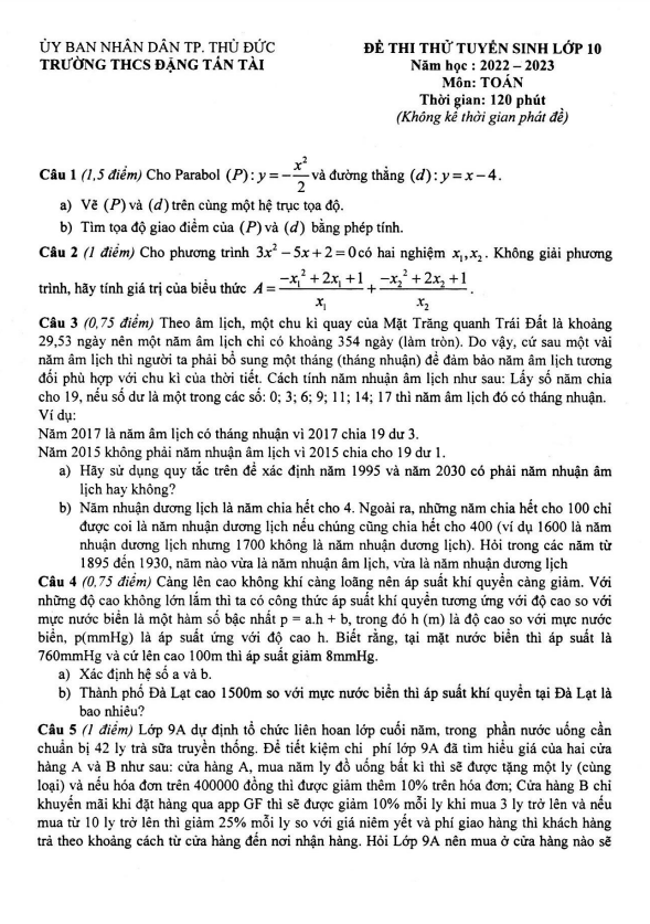 Đề thi thử Toán vào năm 2022 2023 trường THCS Đặng Tấn Tài TP HCM