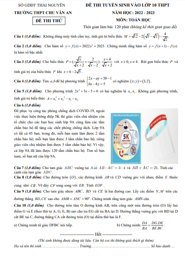 Đề thi thử Toán vào năm 2022 2023 trường THPT Chu Văn An Thái Nguyên