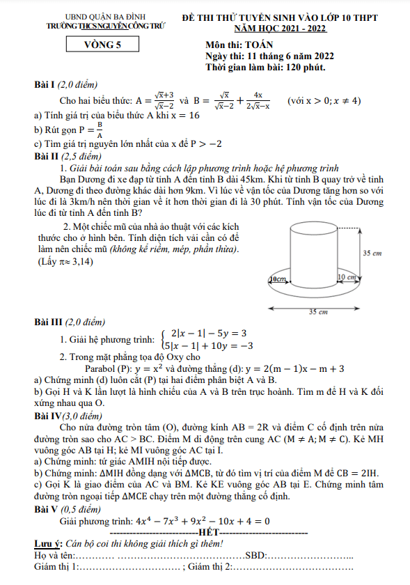 Đề thi thử Toán vào năm 2022 vòng 5 trường THCS Nguyễn Công Trứ Hà Nội