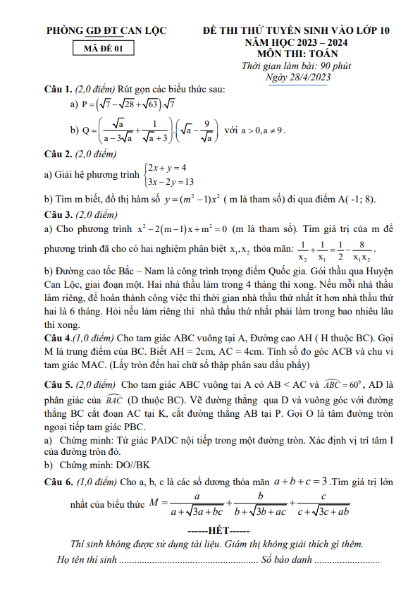 Đề thi thử Toán vào năm 2023 2024 phòng GD ĐT Can Lộc Hà Tĩnh