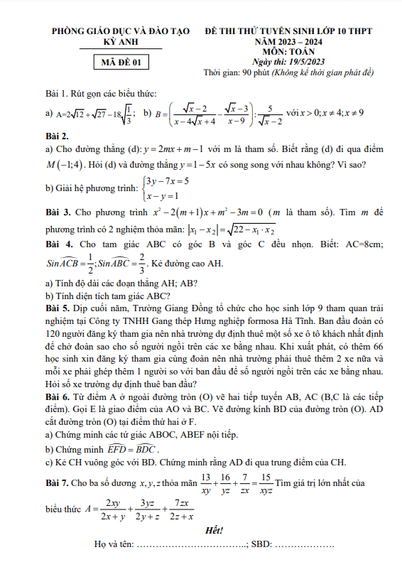 Đề thi thử Toán vào năm 2023 2024 phòng GD ĐT Kỳ Anh Hà Tĩnh